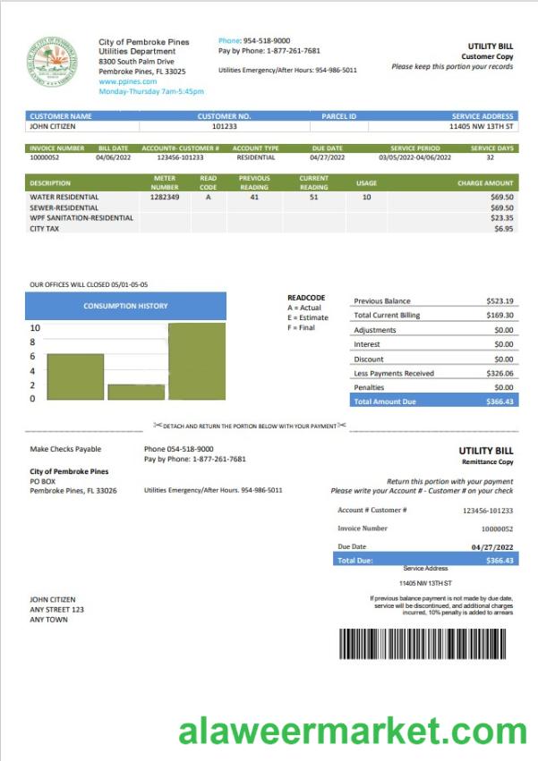 USA Florida City of Pembroke Pines Utilities Department utility bill template in Word and PDF format